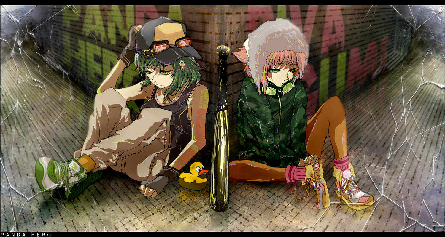baseball_bat, gloves, goggles, green_eyes, green_hair, gumi, hat, itou