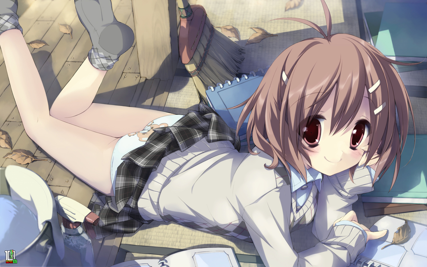 blush, book, brown_eyes, brown_hair, hattori_aya, koiiro_soramoyou, lucie, panties, school_uniform, socks, underwear