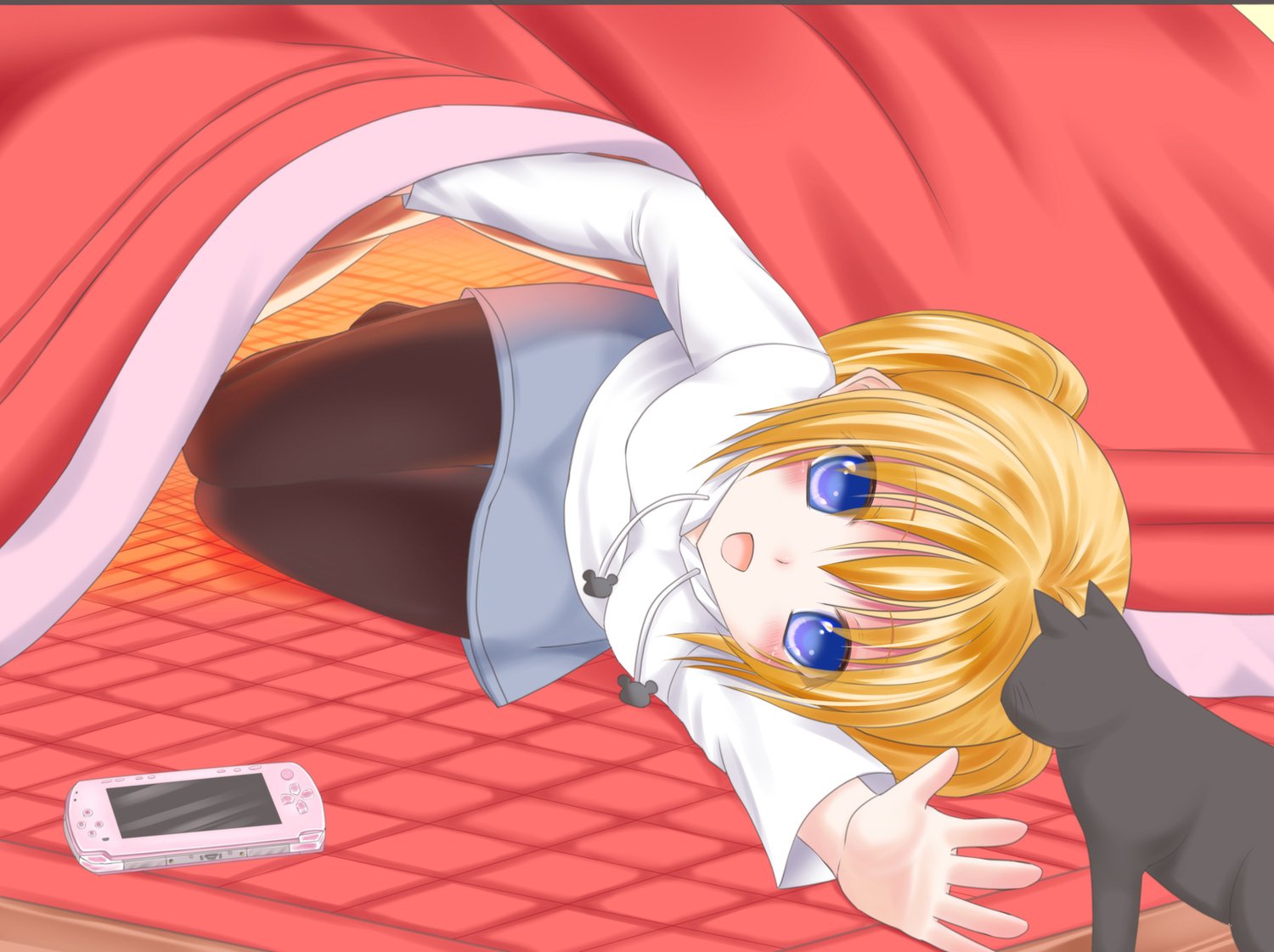 animal, blonde_hair, blue_eyes, cat, ikeda_yuuki, original, pantyhose, twintails