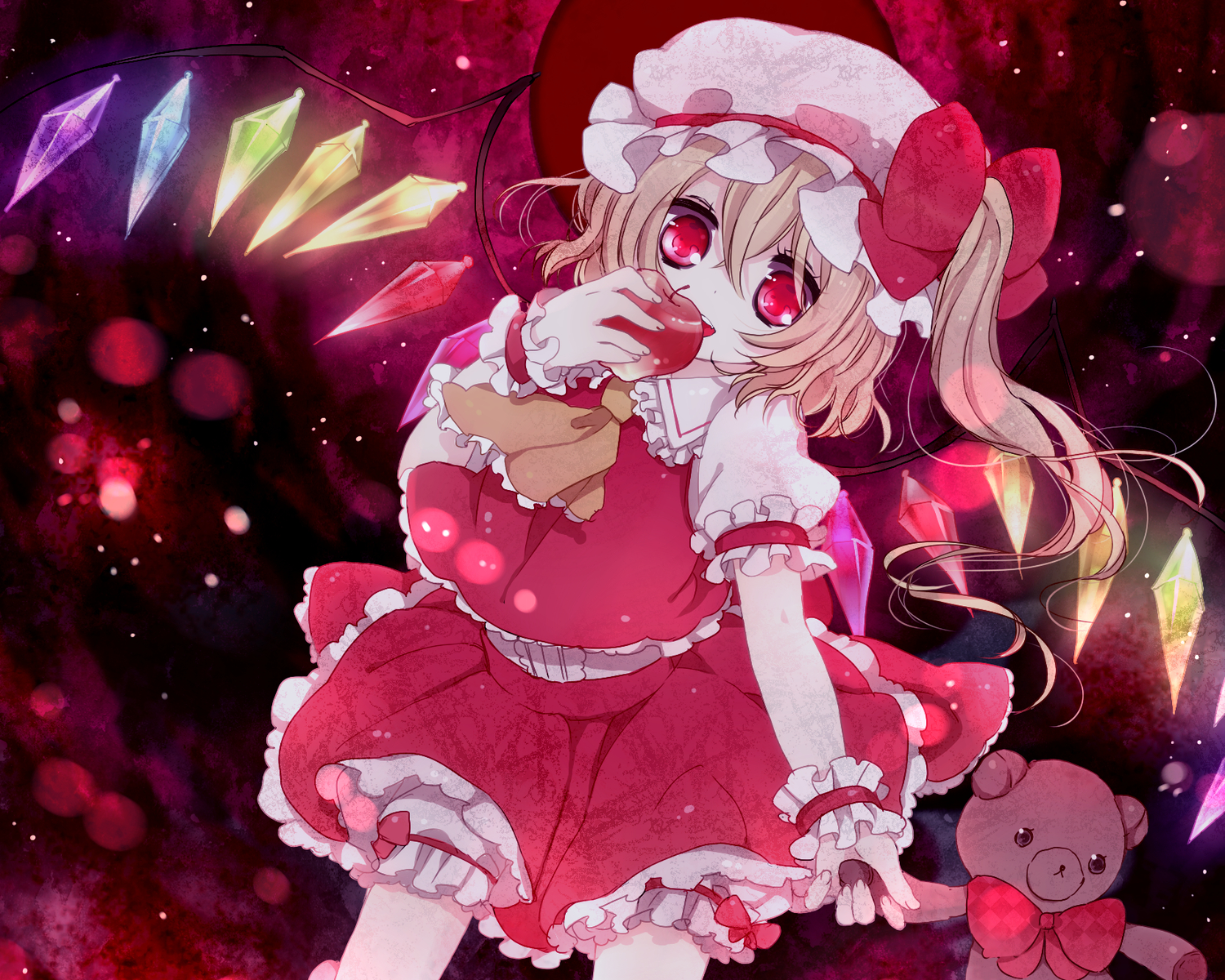 blonde_hair, chiku-wa, flandre_scarlet, hat, red_eyes, ribbons, touhou, vampire