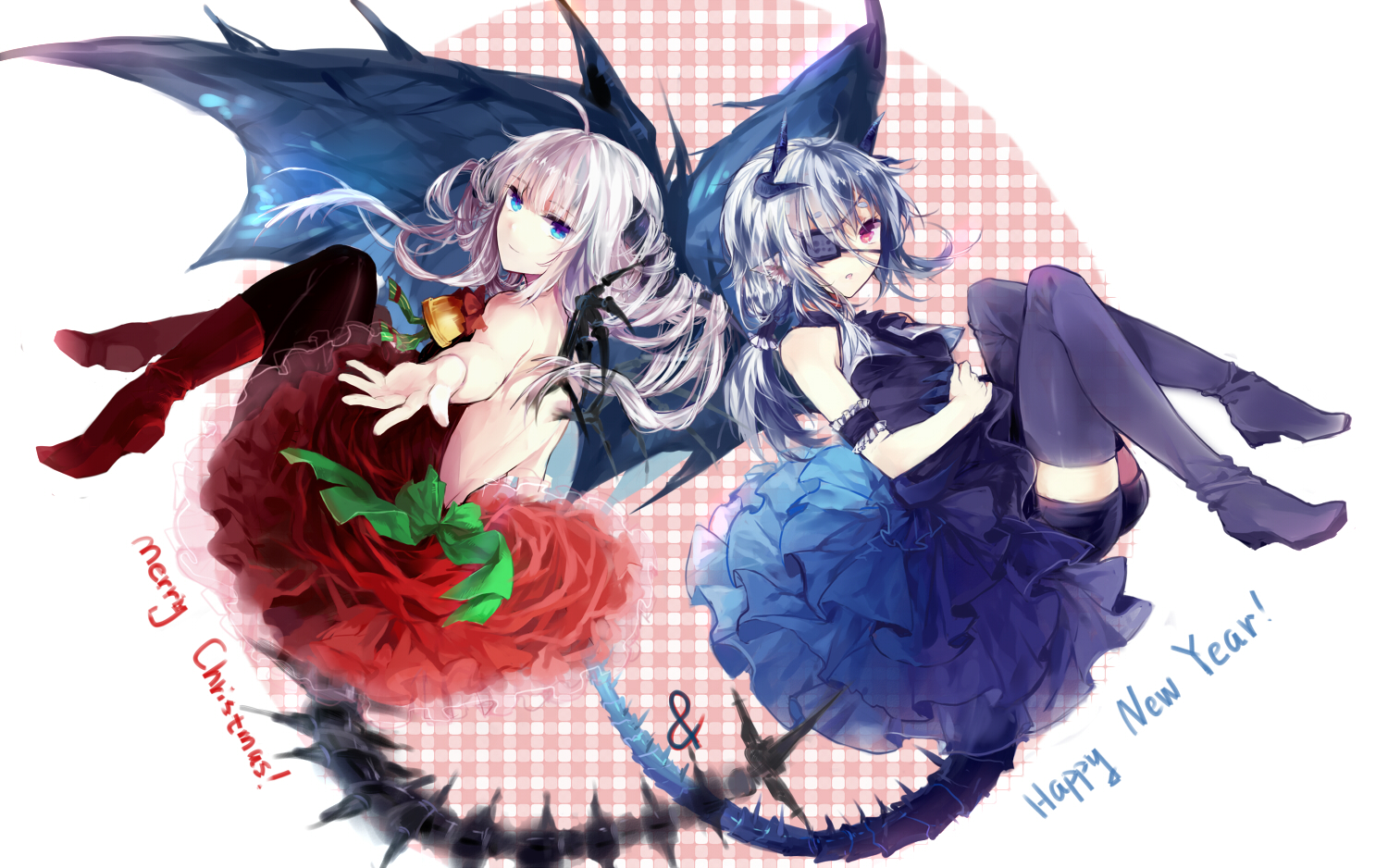 blue_eyes, christmas, dress, eyepatch, horns, imifumei, original, pink_eyes