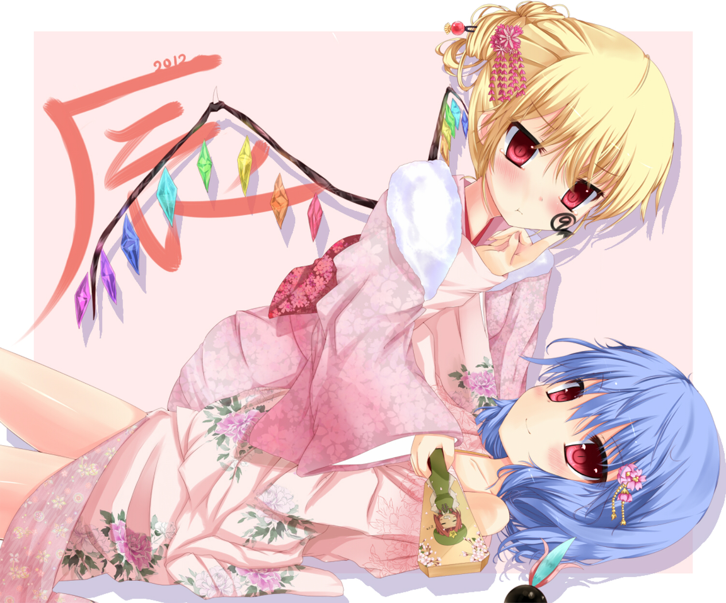 2girls, blonde_hair, blush, flandre_scarlet, flowers, fujieda_uzuki, hong_meiling, japanese_clothes