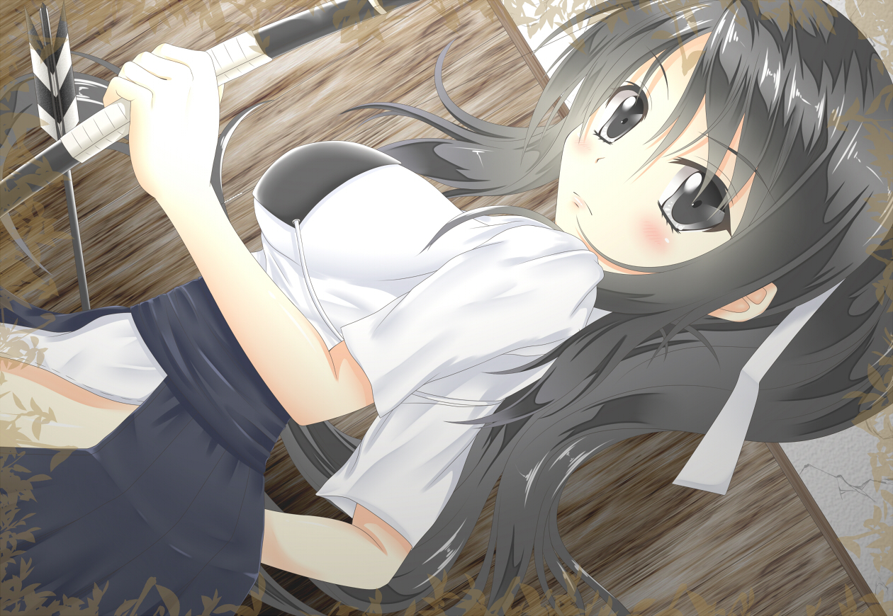 akane_miu, black_hair, bow_(weapon), japanese_clothes, original, weapon