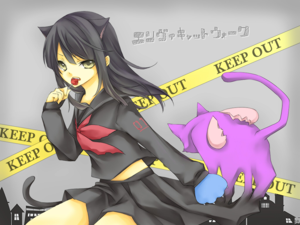 animal, animal_ears, black_hair, candy, cat, catgirl, envy_catwalk_(vocaloid), hatsune_miku, kuroi_(liar-player), lollipop, school_uniform, tail, vocaloid
