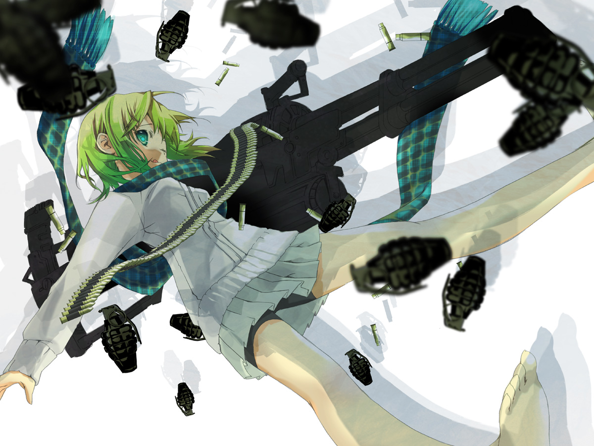 green_eyes, green_hair, gumi, gun, hekicha, scarf, vocaloid, weapon