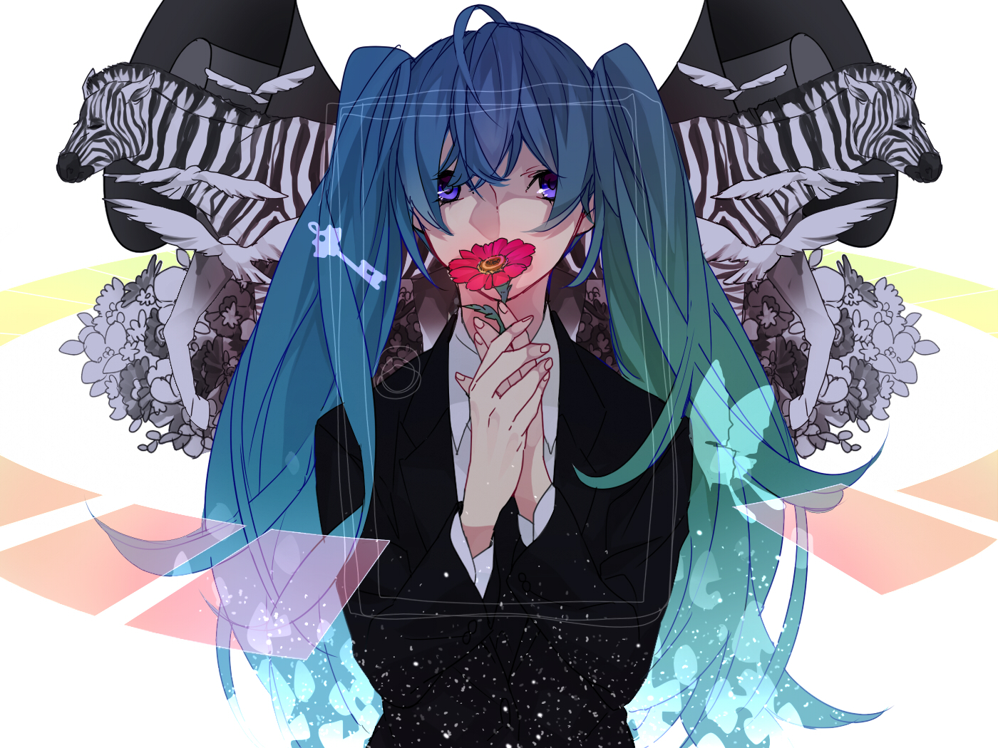 animal, bird, blue_eyes, blue_hair, butterfly, flowers, hatsune_miku, long_hair, saihate_(vocaloid), saikawa_(0902k137), twintails, vocaloid