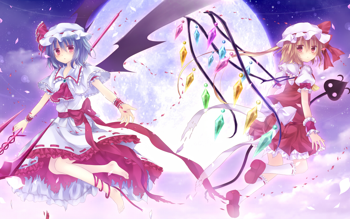 2girls, dress, flandre_scarlet, hat, marotti, moon, remilia_scarlet, touhou, vampire, wings