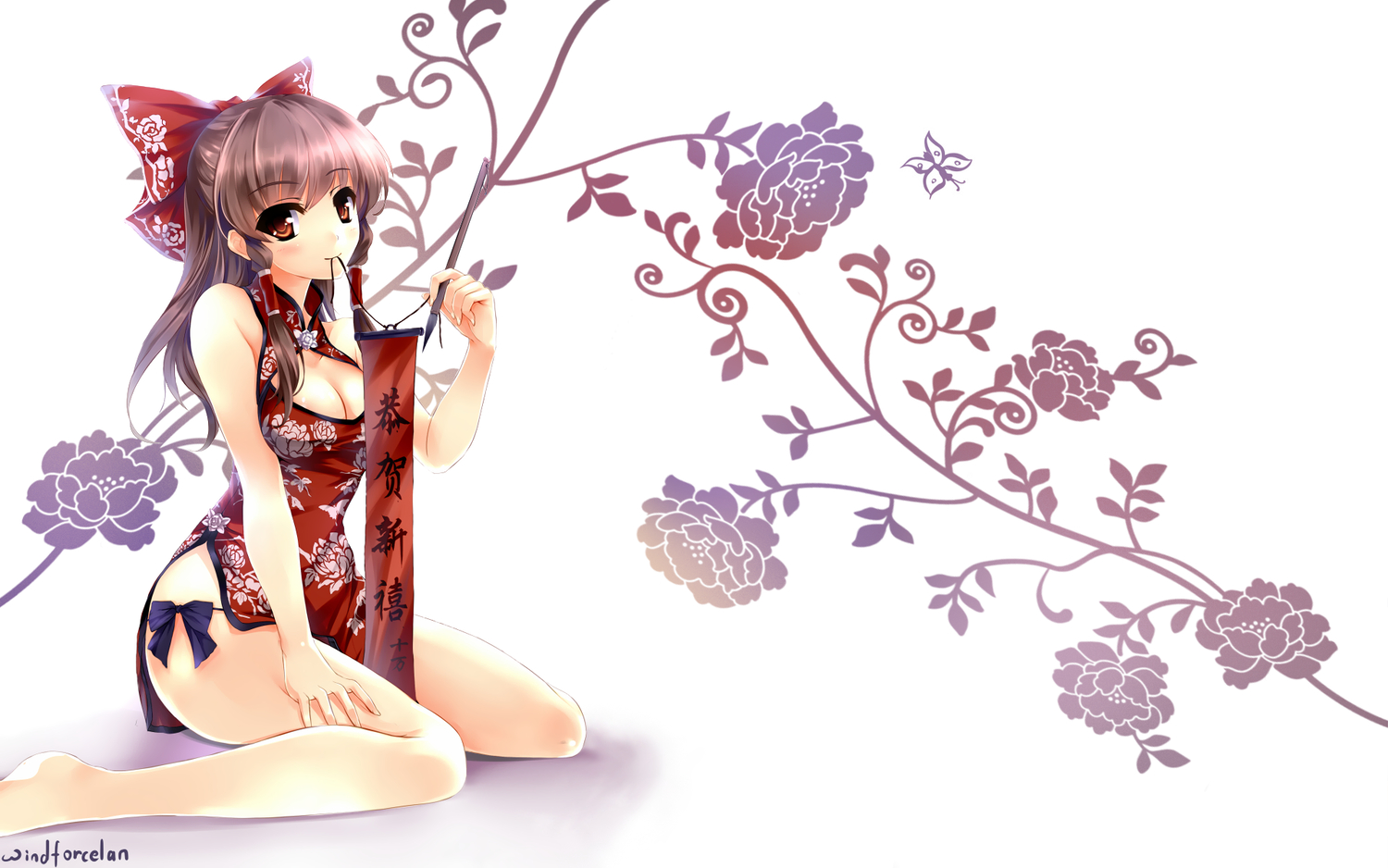 breasts, brown_eyes, brown_hair, chinese_clothes, chinese_dress, cleavage, dress, flowers, hakurei_reimu, signed, touhou, white, windforcelan