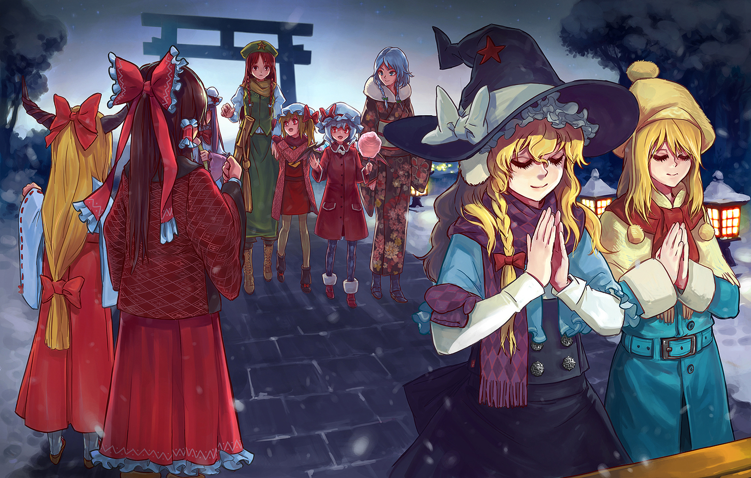 alice_margatroid, flandre_scarlet, food, hakurei_reimu, hat, hong_meiling, horns, ibuki_suika