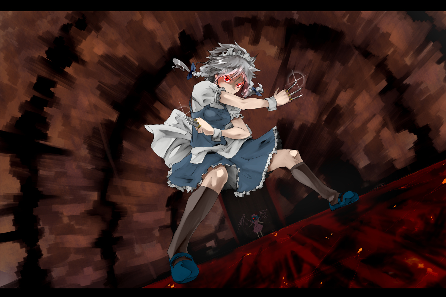 braids, gray_hair, hat, izayoi_sakuya, knife, maid, red_eyes, remilia_scarlet