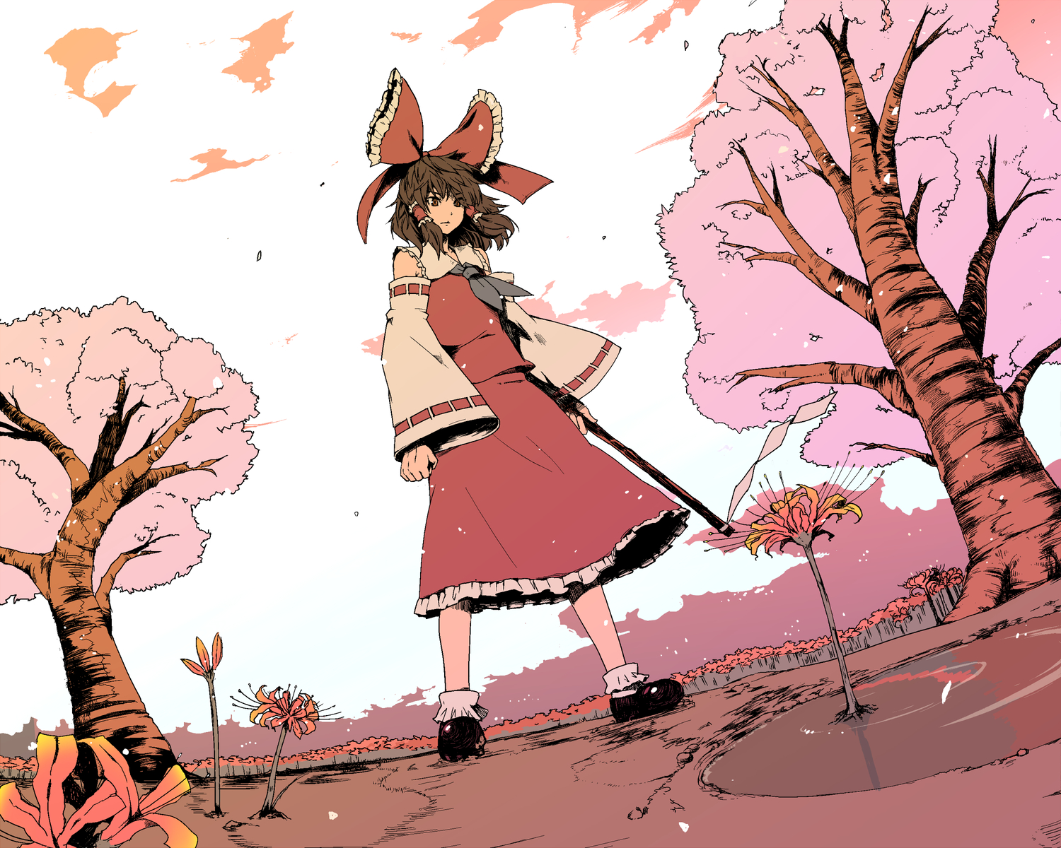 bow, brown_hair, cherry_blossoms, flowers, hakurei_reimu, japanese_clothes, miko, polychromatic, sky, touhou, tree, yokohachi