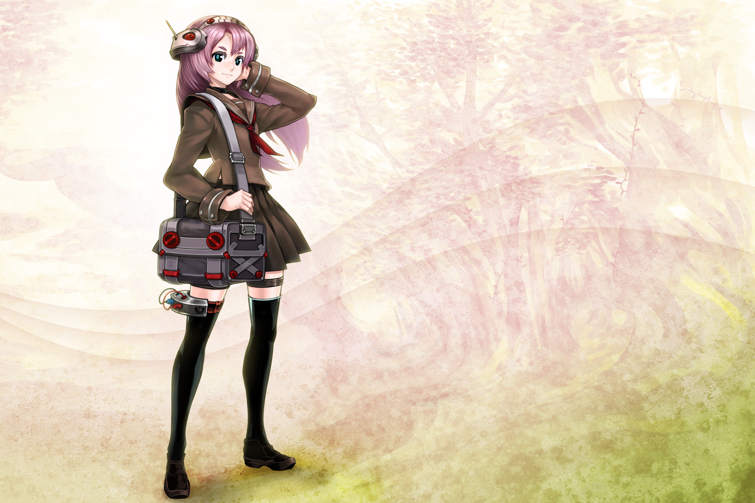 blue_eyes, headphones, megurine_luka, moxi, purple_hair, school_uniform, thighhighs, vocaloid