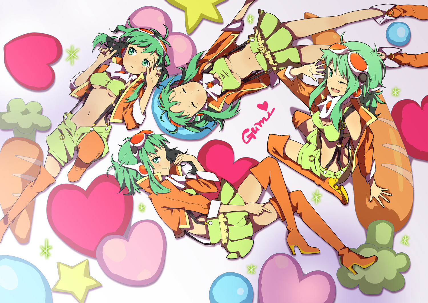 breasts, goggles, green_eyes, green_hair, gumi, headphones, sleeping, ukke, underboob, vocaloid, wink