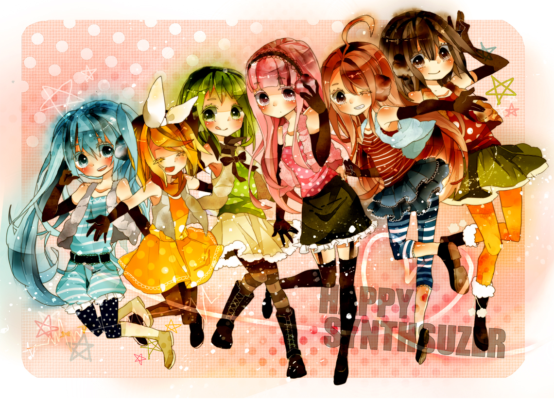 aqua_eyes, aqua_hair, blonde_hair, bow, brown_eyes, brown_hair, green_eyes, green_hair, gumi, happy_synthesizer_(vocaloid), hatsune_miku, kagamine_rin, long_hair, megurine_luka, meiko, miki_(vocaloid), pink_eyes, pink_hair, red_hair, twintails, vocaloid, yuucho