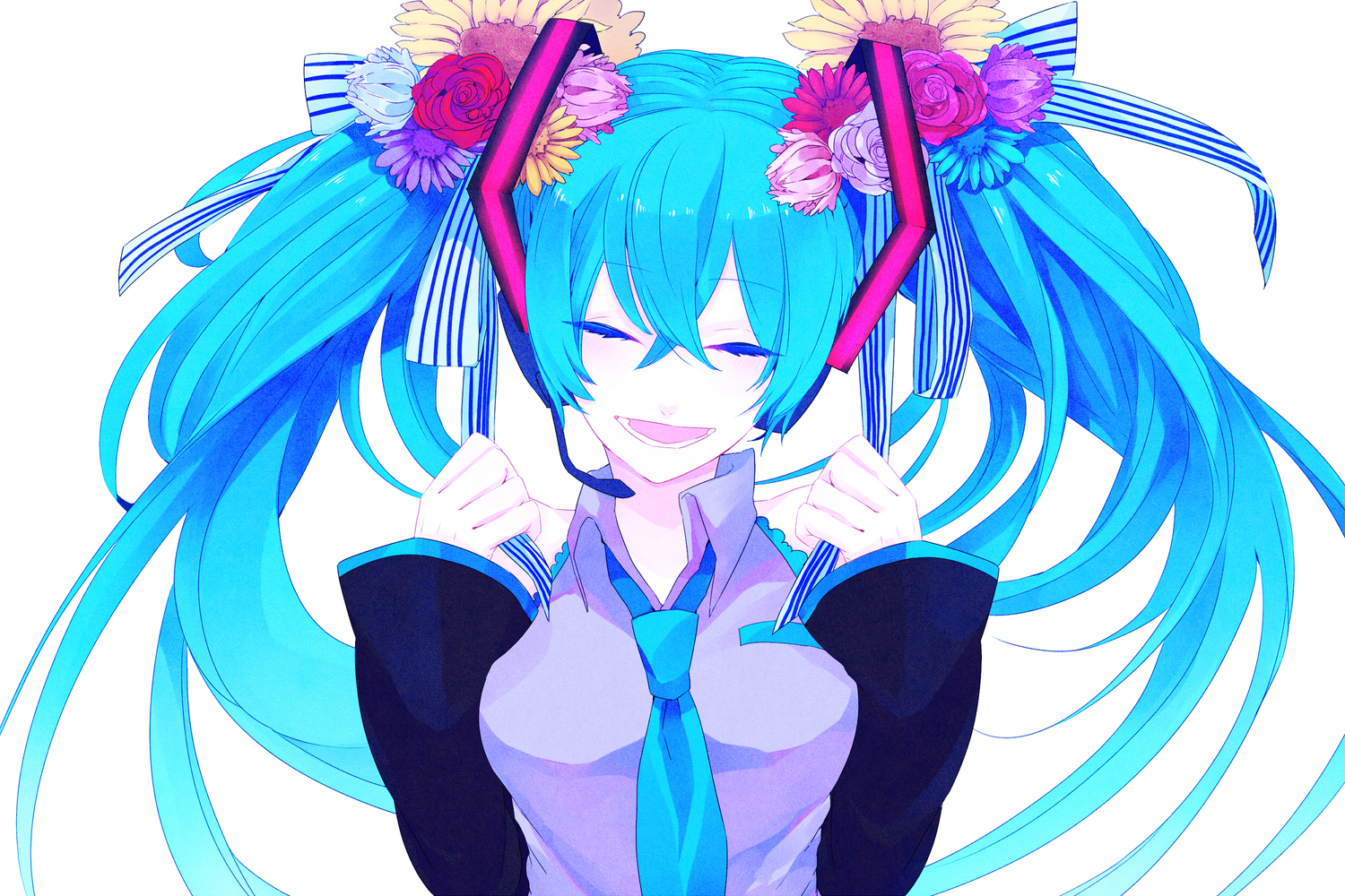 aqua_hair, close, flowers, hatsune_miku, headphones, kyama, long_hair, tie