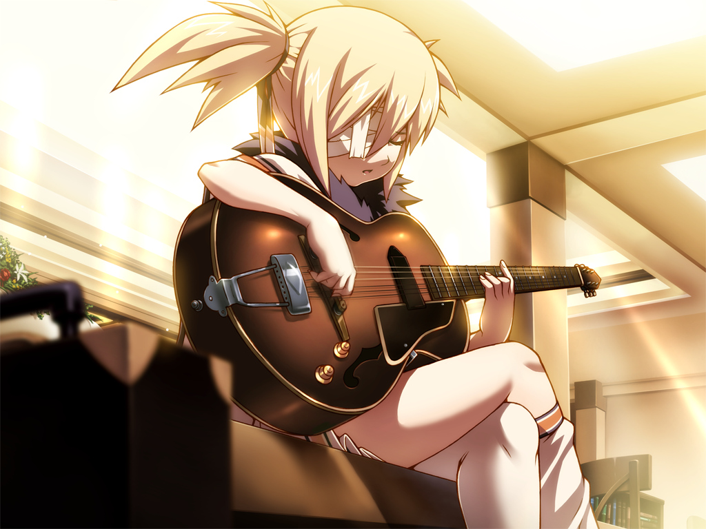 bandage, blonde_hair, game_cg, hotel_(erogame), instrument, sara_coltrane, tasaka_shinnosuke, twintails