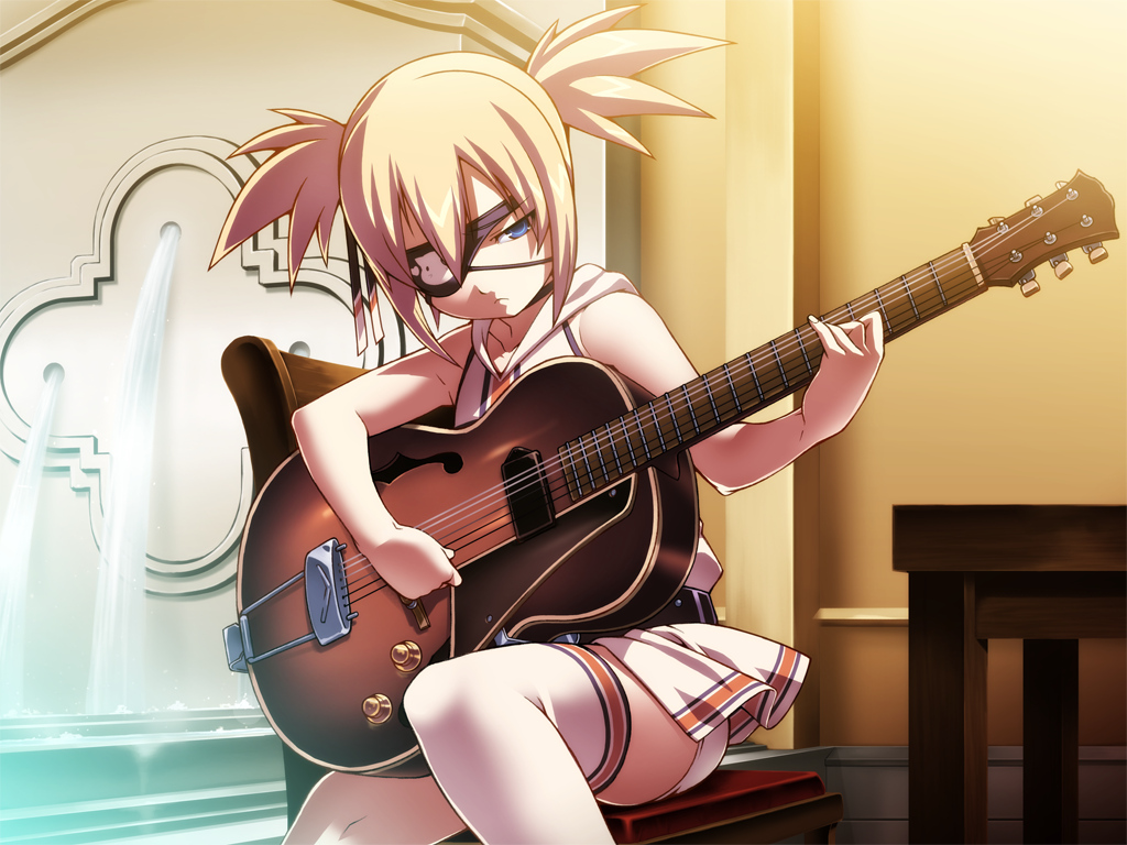 blonde_hair, blue_eyes, eyepatch, game_cg, hotel_(erogame), instrument, sara_coltrane, shorts, skirt, tasaka_shinnosuke, thighhighs, twintails
