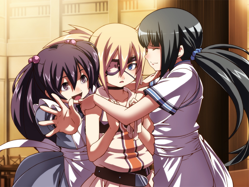 black_hair, blonde_hair, eyepatch, game_cg, hotel_(erogame), kougetsu_hinowa, sakurai_ayaka, sara_coltrane, tasaka_shinnosuke
