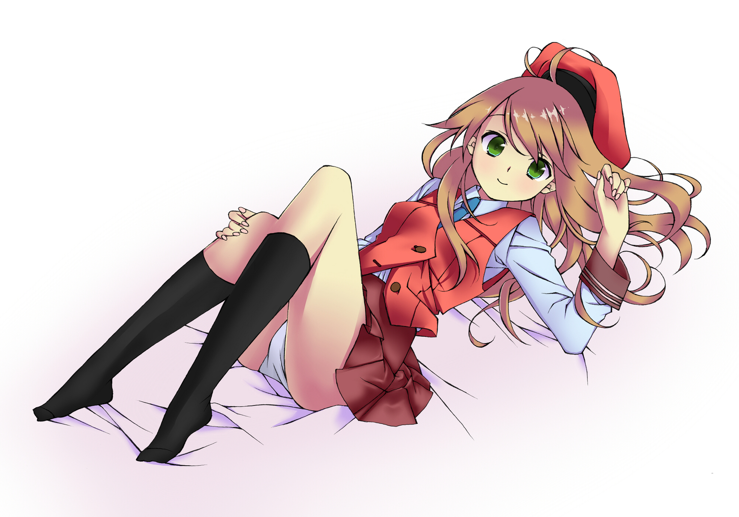 brown_hair, green_eyes, hat, kneehighs, long_hair, original, panties, reeto_(panama), skirt, tie, underwear, white