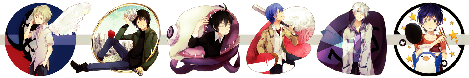 all_male, angel_beats!, animal, apple, baseball_bat, bird, boots, cencoroll, crossover, food, fruit, group, higashi_no_eden, hinata_hideki, kamisama_dolls, kiryu_yoshiya, kuga_aki, male, mawaru_penguindrum, penguin, phone, shuu, subarashiki_kono_sekai, takakura_shouma, takizawa_akira, tsuyuxxx, white_hair, wings
