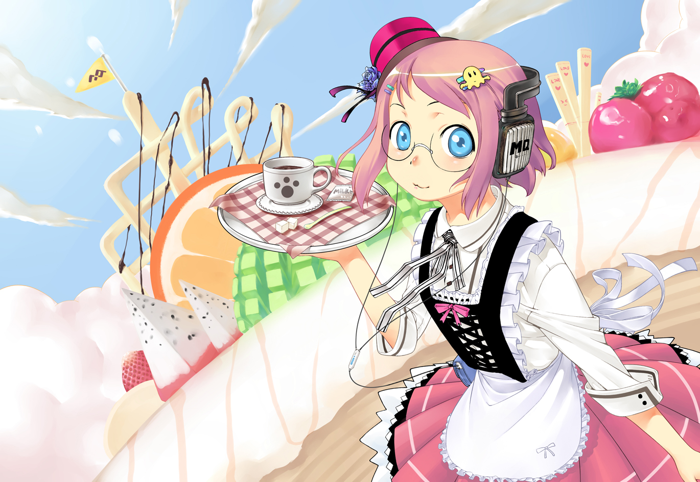 blue_eyes, cake, food, glasses, headphones, huiyulain, original, waitress