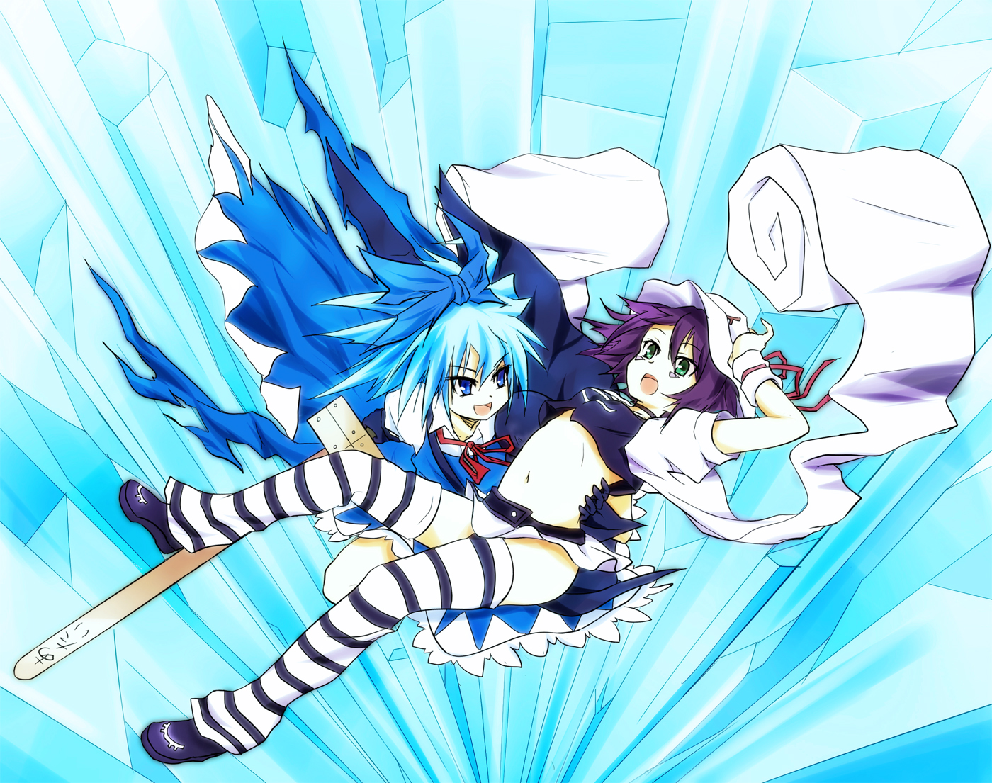 advent_cirno, blue_eyes, blue_hair, bow, cirno, crossover, gloves, green_eyes