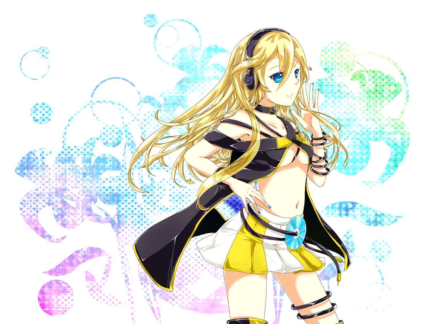 blonde_hair, blue_eyes, breasts, headphones, lily_(vocaloid), long_hair, skirt, underboob, vocaloid, zatsumi