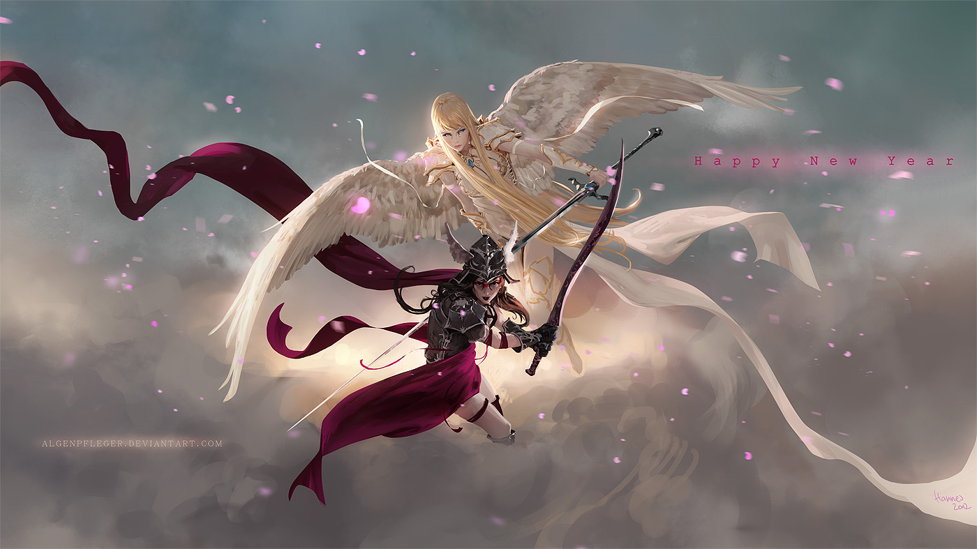armor, blonde_hair, johannes_voss, long_hair, petals, sword, tagme, weapon, wings