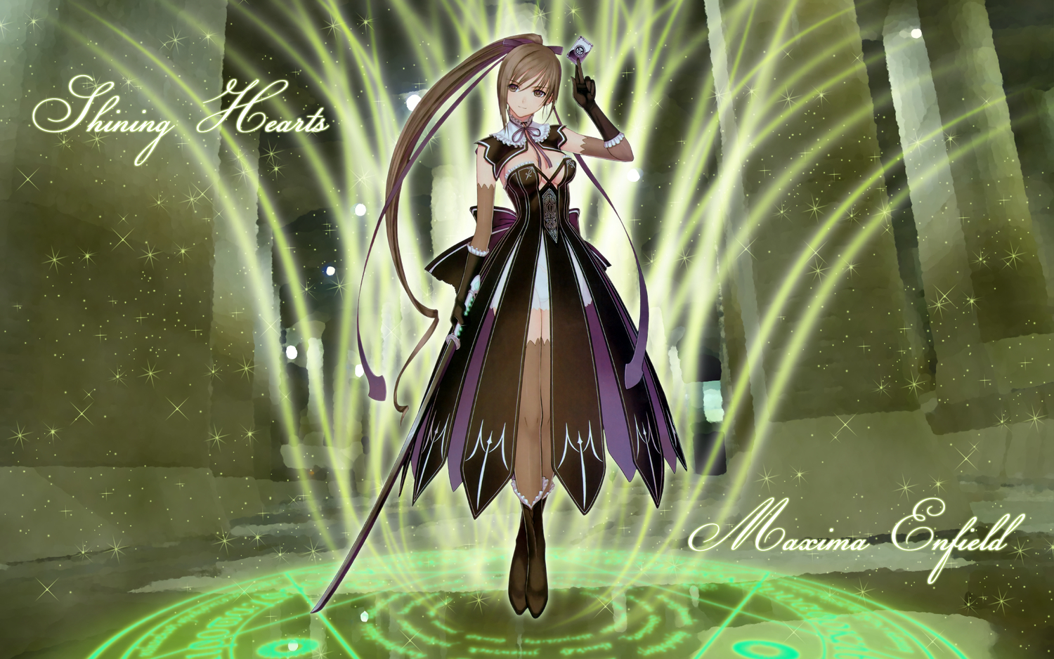 boots, brown_eyes, brown_hair, choker, dress, elbow_gloves, gloves, katana