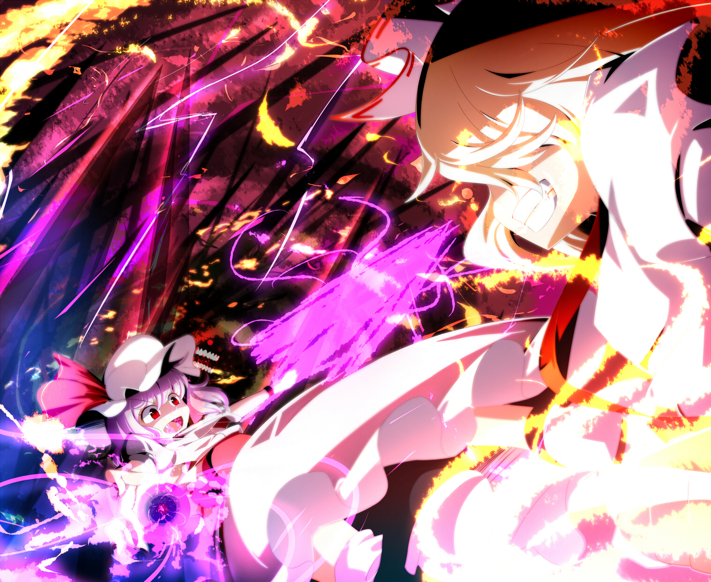 fire, fujiwara_no_mokou, hat, meracle, red_eyes, remilia_scarlet, tagme, touhou