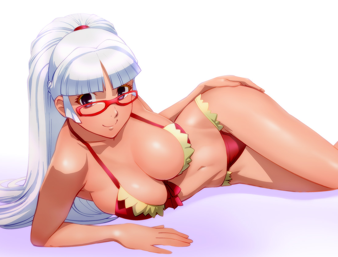 bikini, breasts, cleavage, glasses, long_hair, original, purple_eyes, swimsuit, ueyama_michirou, white