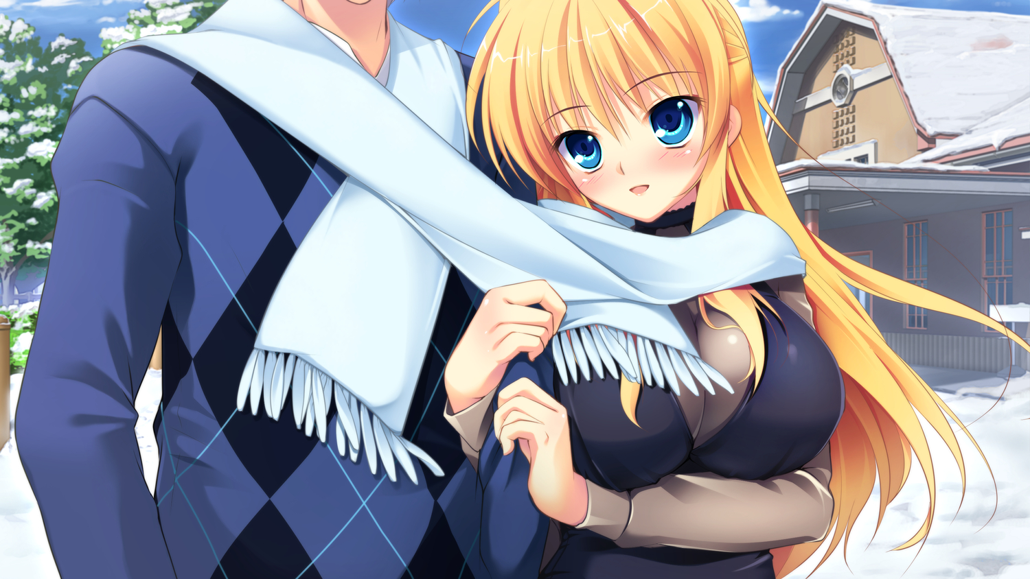 blonde_hair, blue_eyes, game_cg, kazamatsuri_koromo, long_hair, manatsu_no_yoru_no_yuki_monogatari, mikeou, scarf