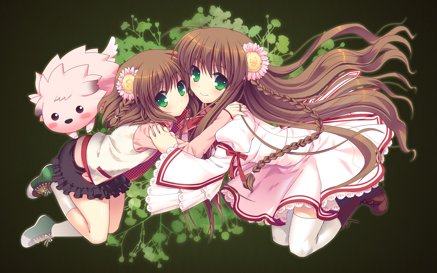 blush, brown_hair, dress, flowers, fuyuichi, green_eyes, kanbe_kotori, long_hair