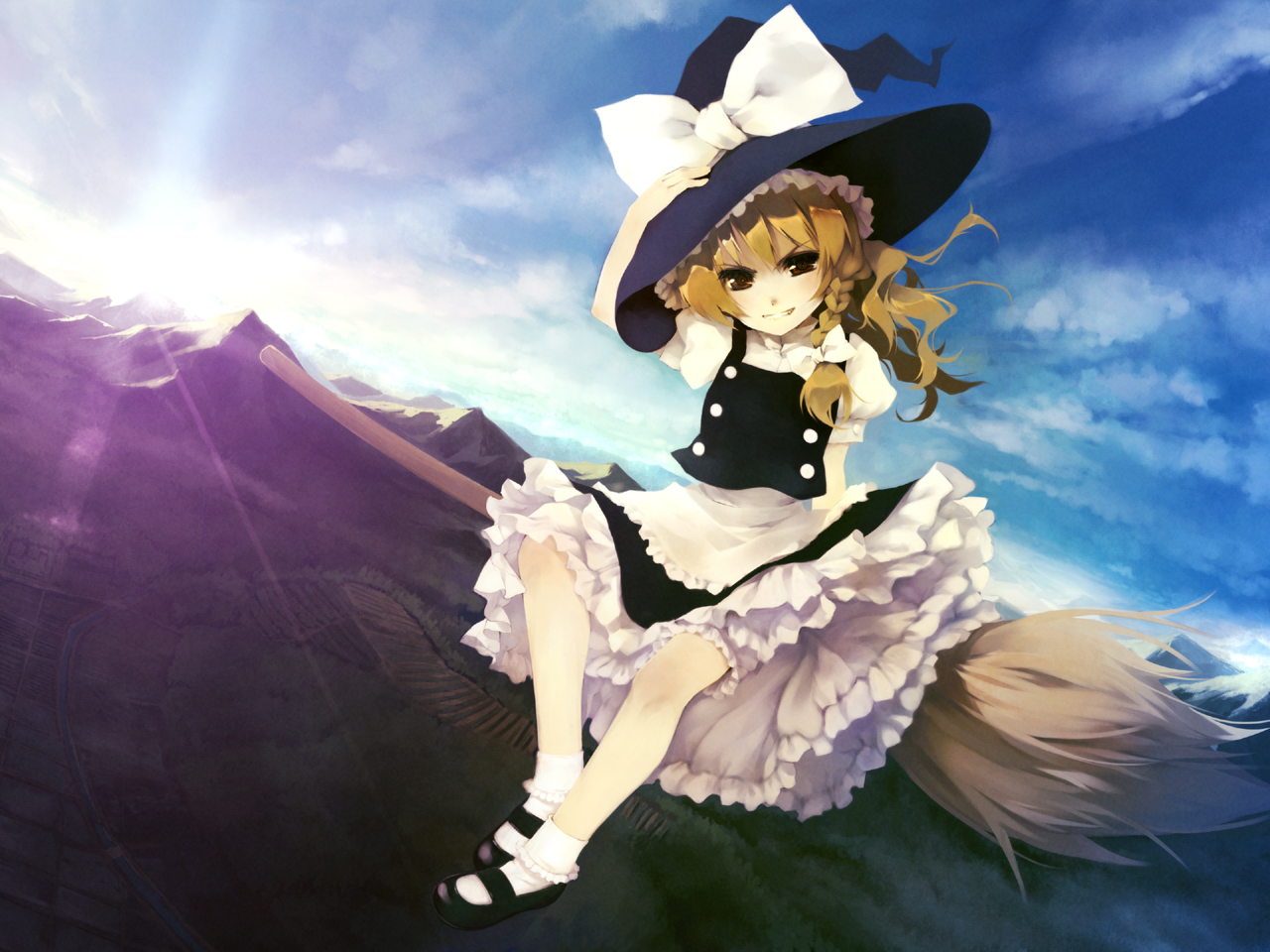 blonde_hair, braids, chinchickrin, clouds, hat, kirisame_marisa, short_hair, sky, touhou, witch