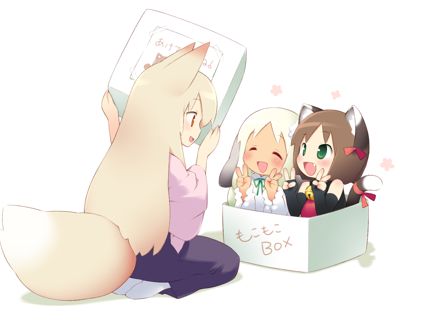 animal_ears, bell, brown_hair, catgirl, chibi, dark_skin, elbow_gloves, foxgirl