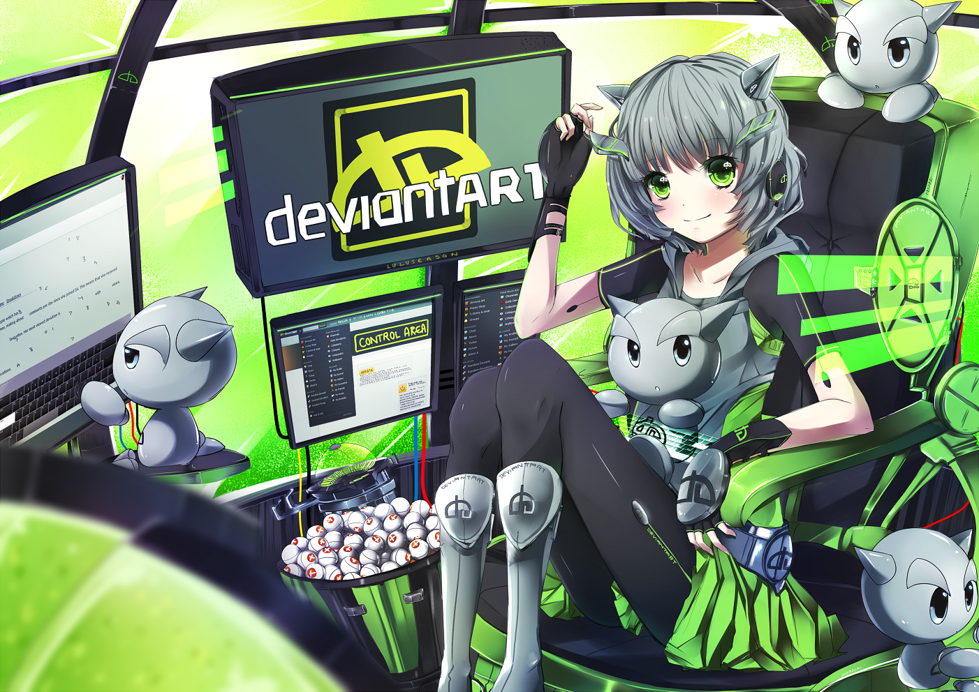 blush, computer, gray_hair, green_eyes, lulu_season, original