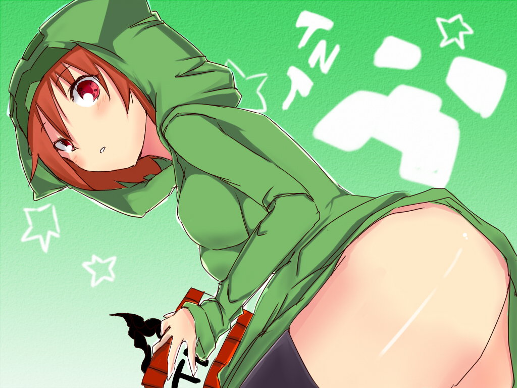 ana_dogukishi, anthropomorphism, blush, creeper, hood, minecraft, red_eyes, red_hair