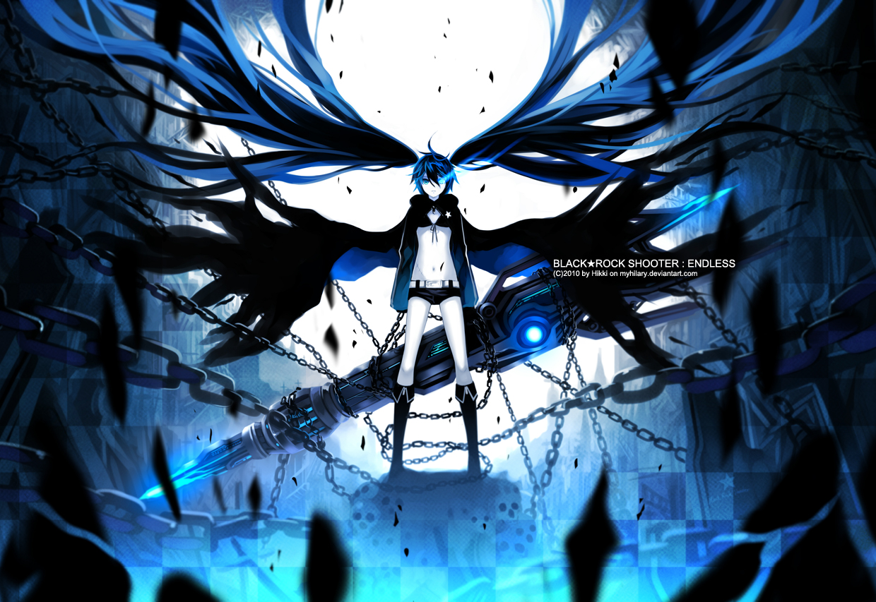 black_hair, black_rock_shooter, blue_eyes, boots, chain, kuroi_mato, long_hair, myhilary