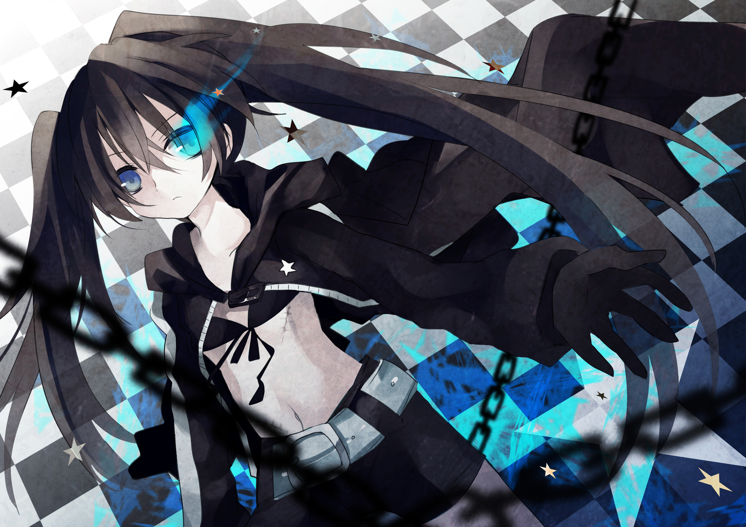 black_hair, black_rock_shooter, blue_eyes, chain, gloves, hanepochi, kuroi_mato, long_hair, twintails
