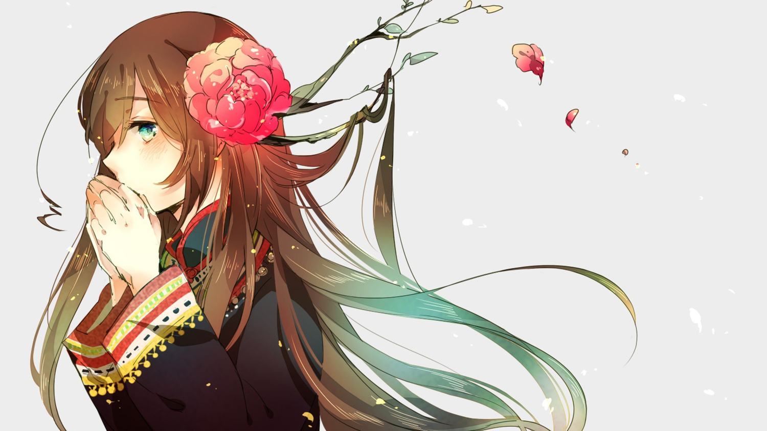 anthropomorphism, aqua_eyes, axis_powers_hetalia, blush, brown_hair, flowers, kamitsuki, long_hair, petals, taiwan_(hetalia)