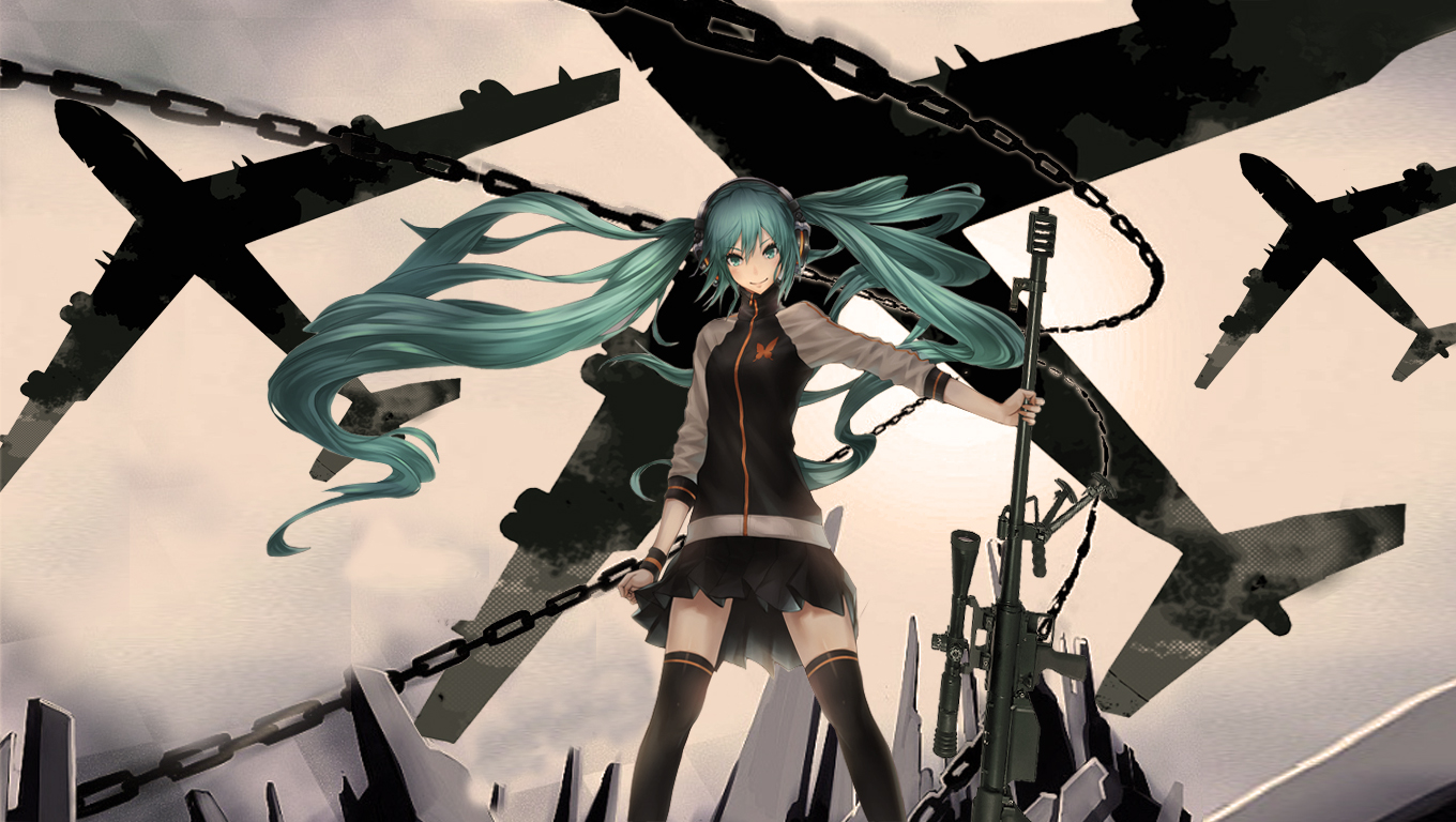 aircraft, aqua_eyes, aqua_hair, chain, glorious_world_(vocaloid), hatsune_miku, headphones, long_hair, skirt, thighhighs, twintails, vocaloid, weapon