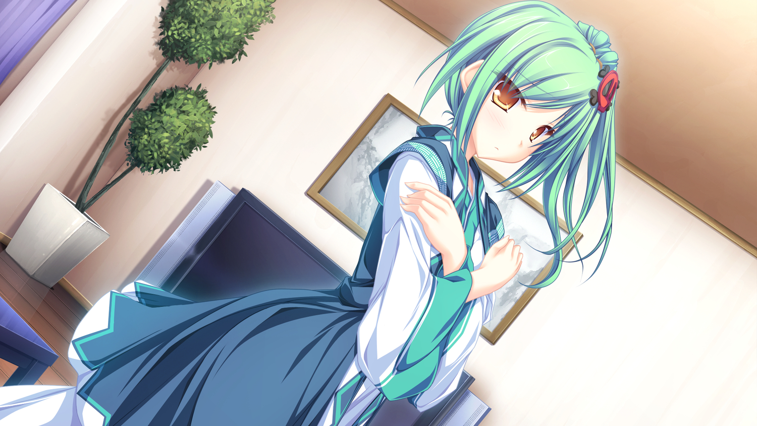 blush, enomoto_yoshika, game_cg, green_hair, japanese_clothes, maikaze_no_melt, tenmaso, whirlpool