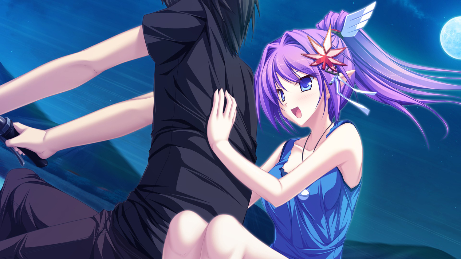 game_cg, kureha_(maikaze_no_melt), maikaze_no_melt, moon, night, pointed_ears, sky, whirlpool