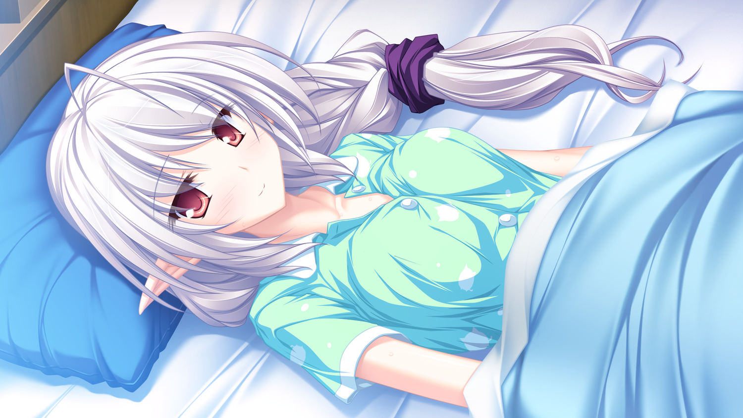 bed, game_cg, gray_hair, maikaze_no_melt, pajamas, pointed_ears, red_eyes, suzu_(suzukaze_no_melt)