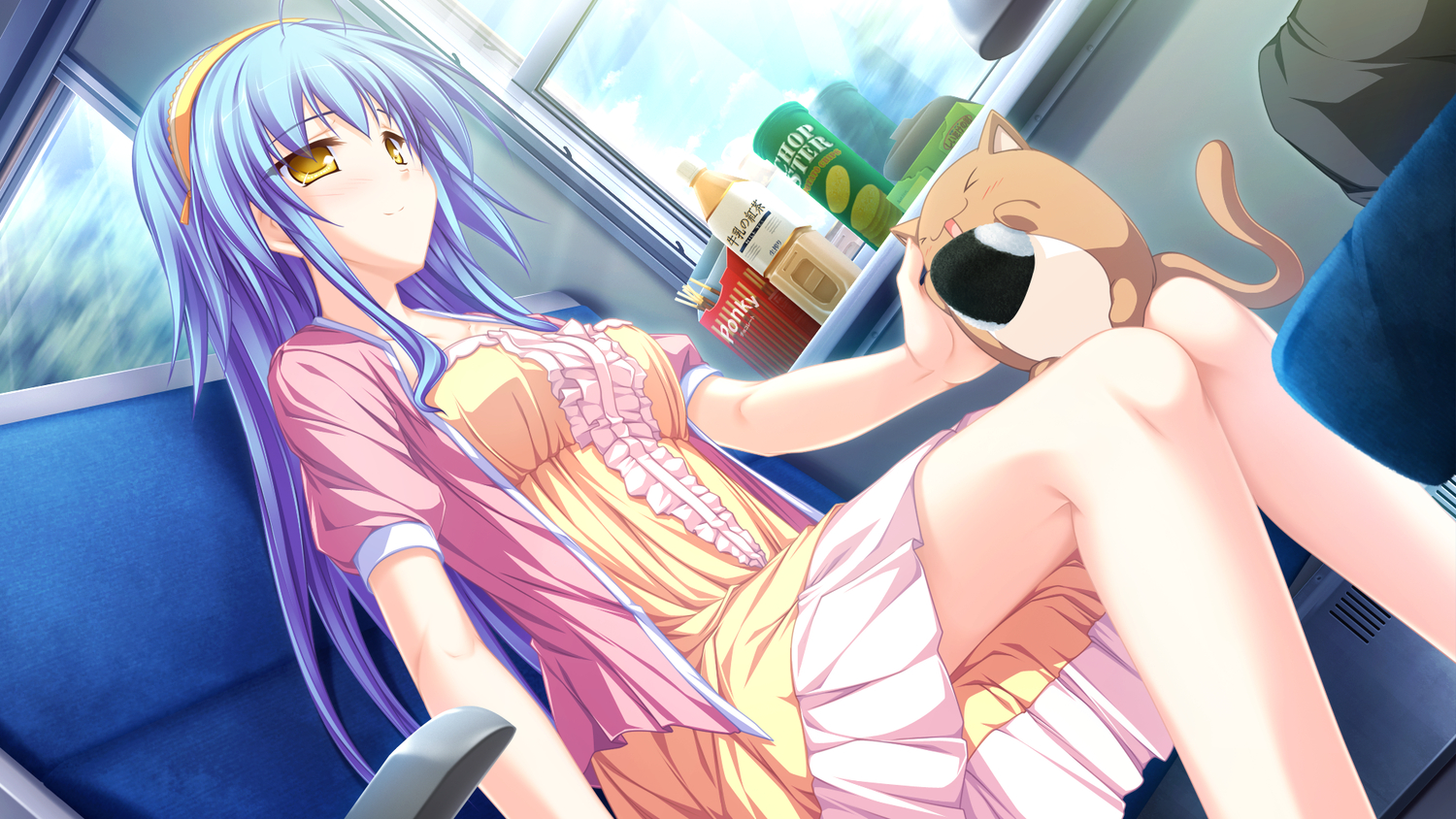 animal, blue_hair, food, game_cg, headband, hiiragi_tsukino, long_hair, maikaze_no_melt