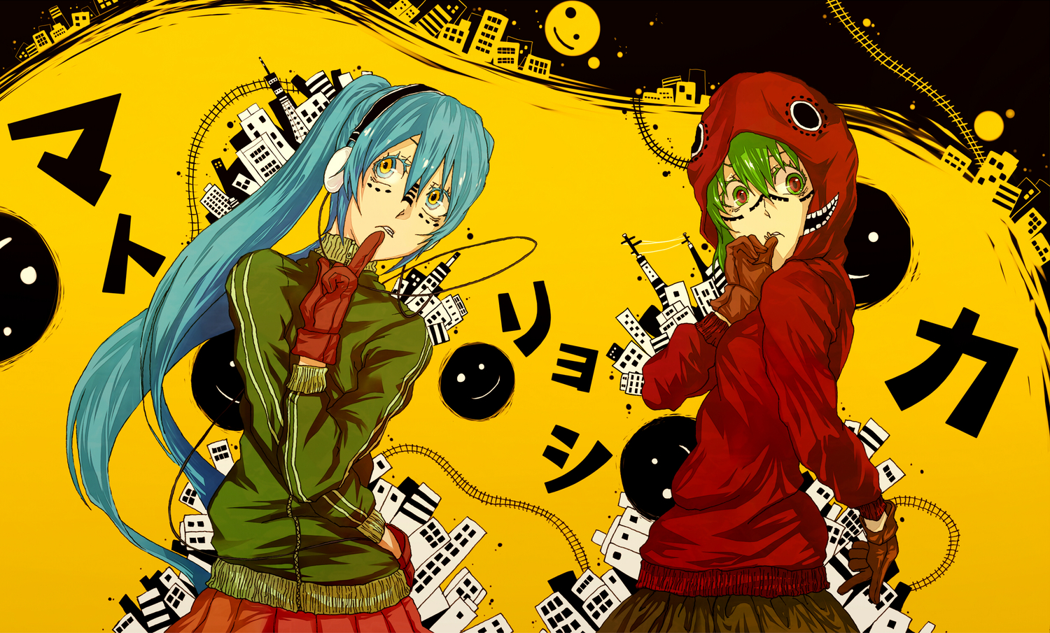 blue_eyes, blue_hair, city, dlei, gloves, green_eyes, green_hair, gumi