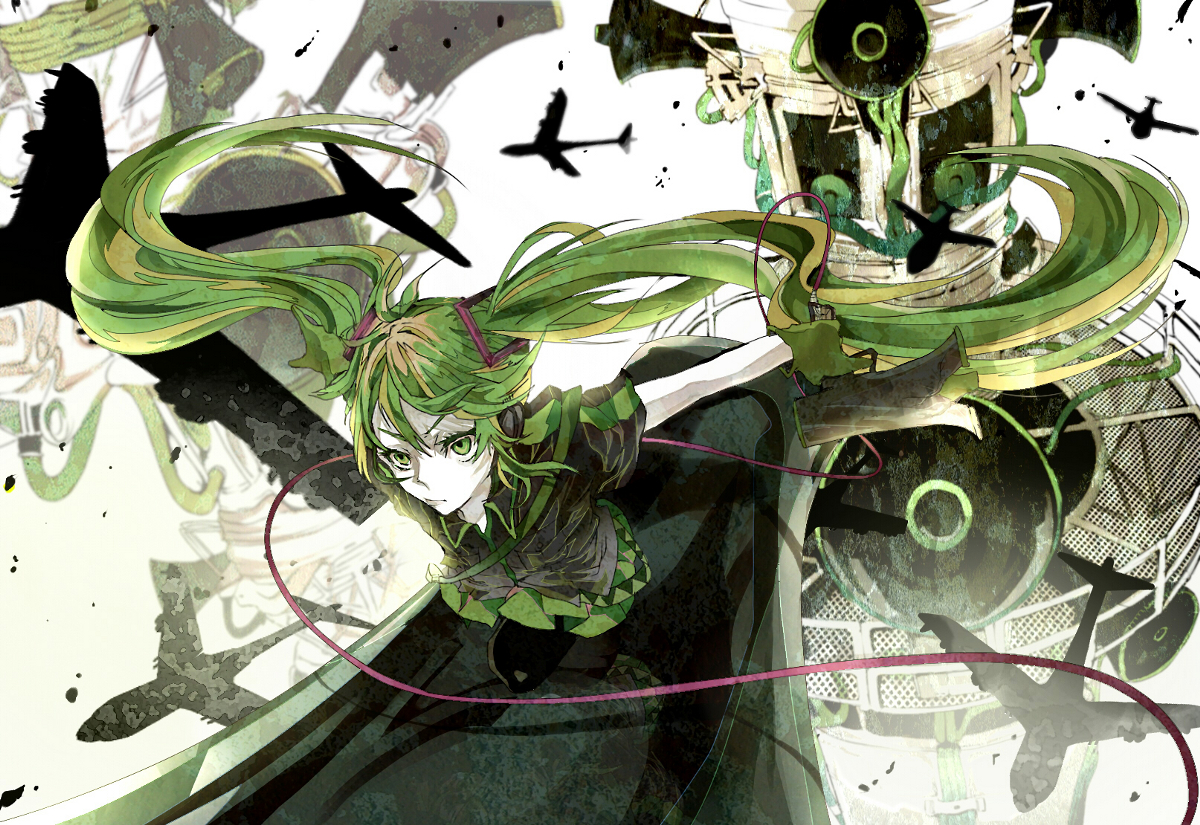 aircraft, green_eyes, green_hair, hatsune_miku, headphones, itou, koi_wa_sensou_(vocaloid), long_hair