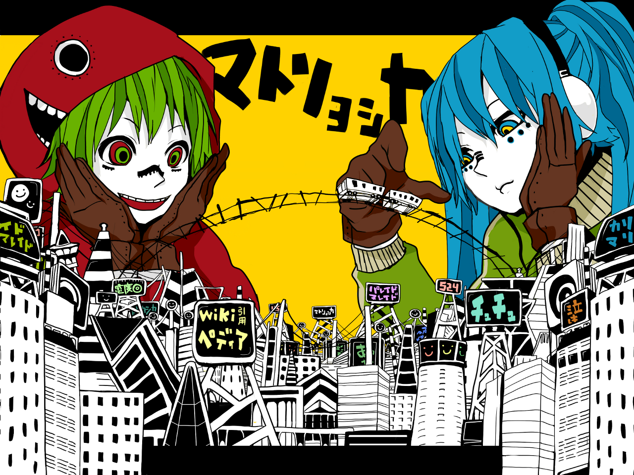 blue_eyes, blue_hair, city, gloves, green_eyes, green_hair, gumi, hatsune_miku
