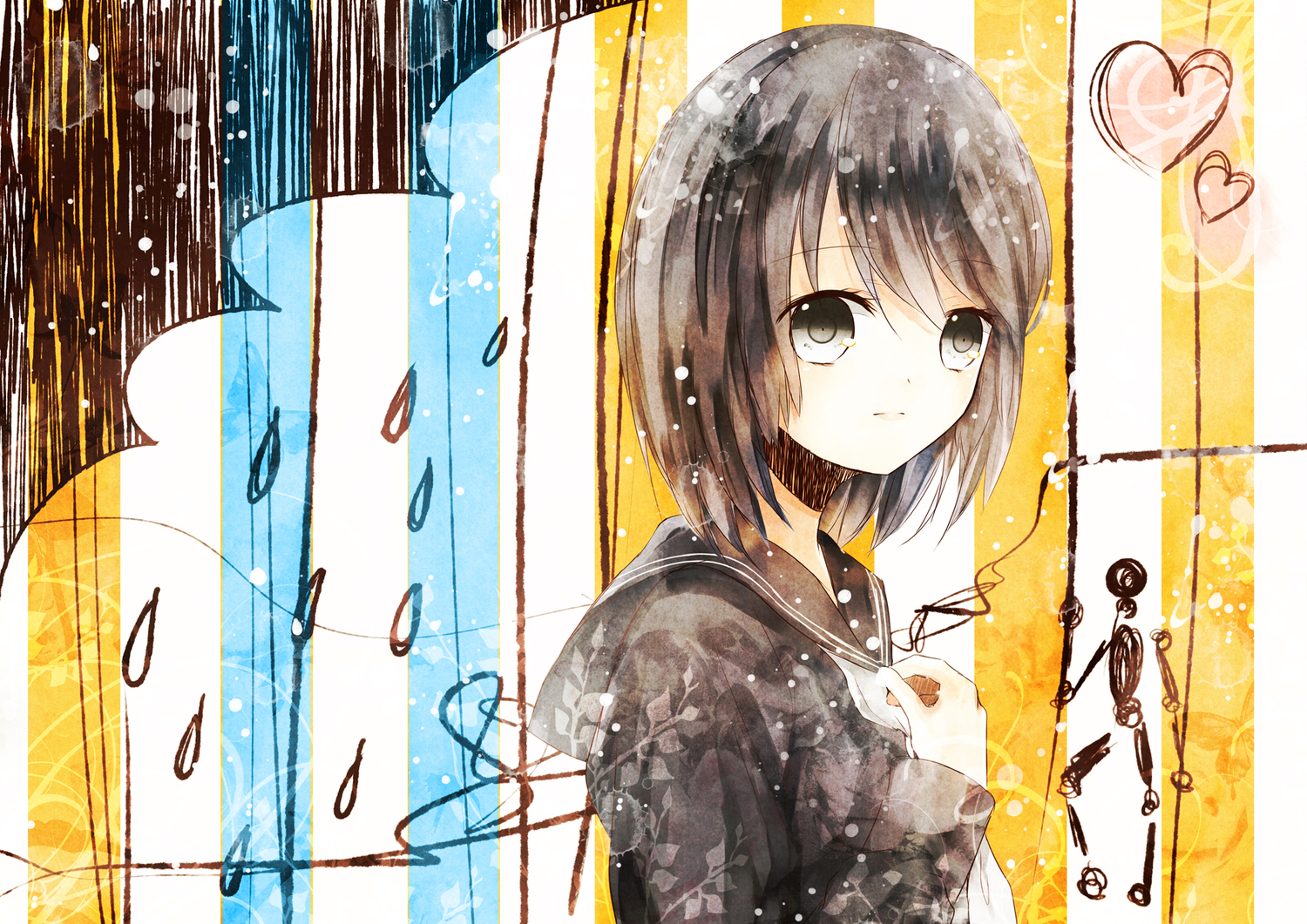 black_hair, gray_eyes, hatsune_miku, hinanosuke, rain, school_uniform, short_hair, vocaloid