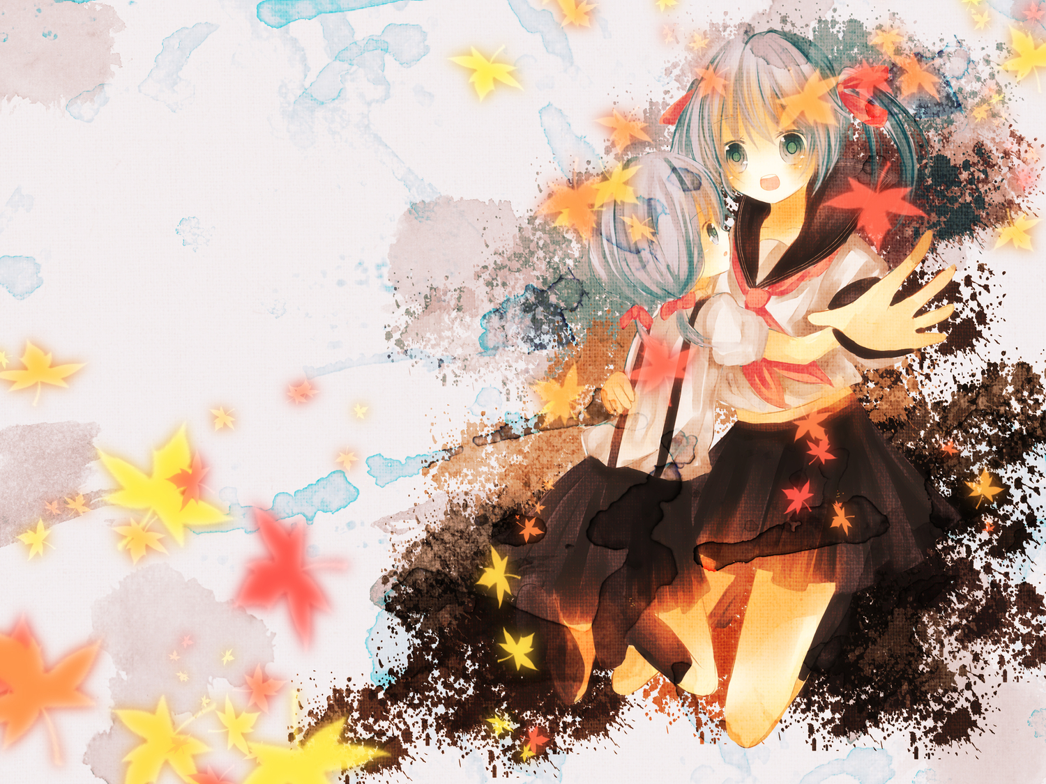 aqua_eyes, autumn, blue_hair, bow, haruka_aki_daidai_(vocaloid), hatsune_miku, hinanosuke, leaves, long_hair, school_uniform, twintails, vocaloid